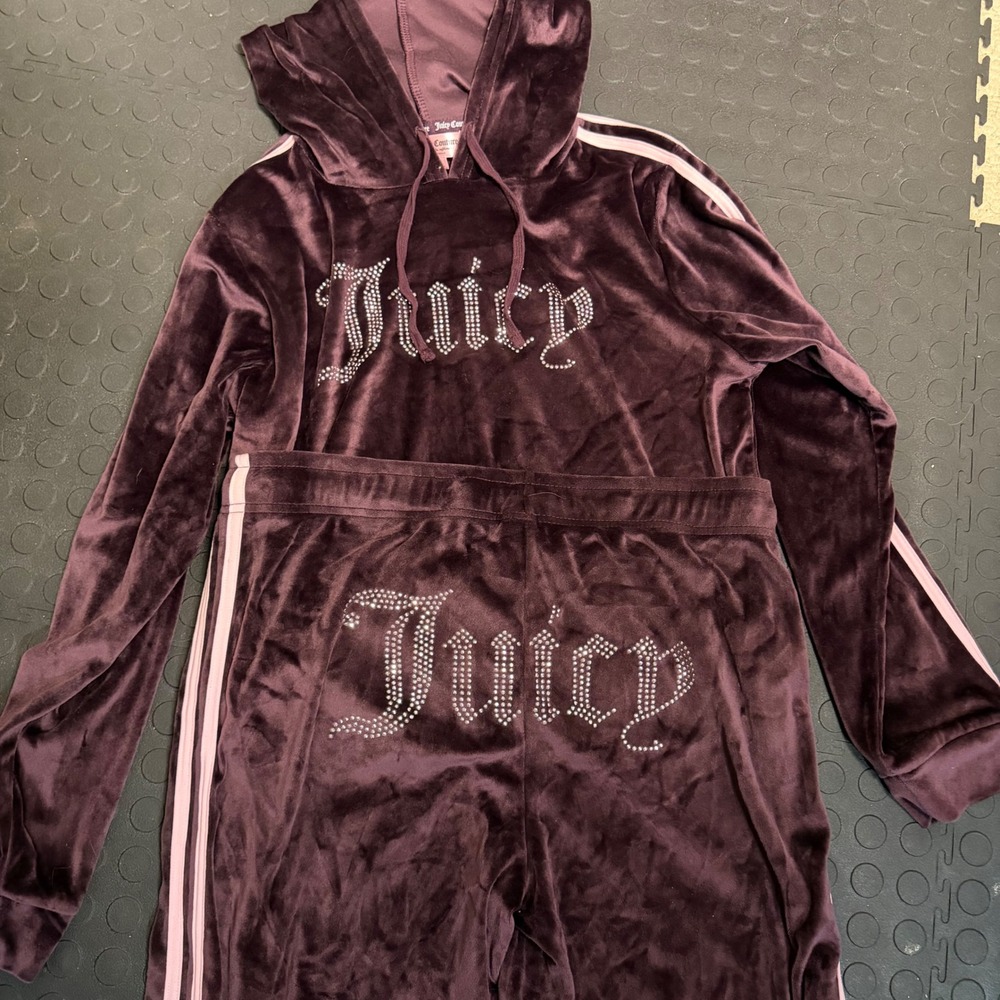 Juicy Couture Velour Tracksuit Set Plum Stripe Rhinestone Logo L Y2K inspired